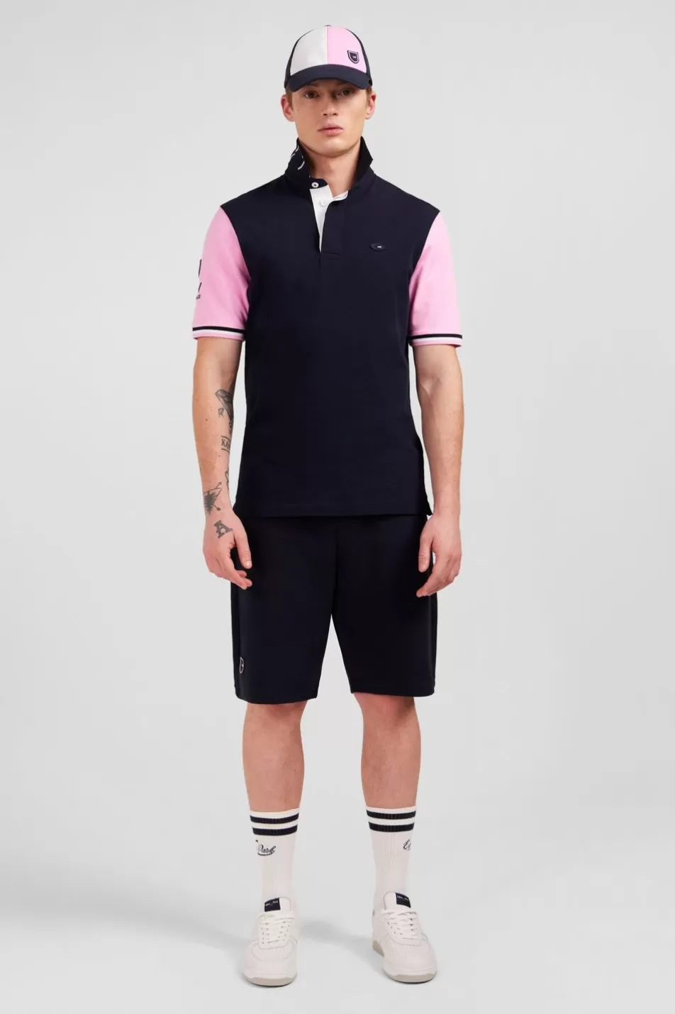 Rugby Shirts | Eden Park Pink Colour-Block Polo Shirt With Rooster Embroidery On The Back