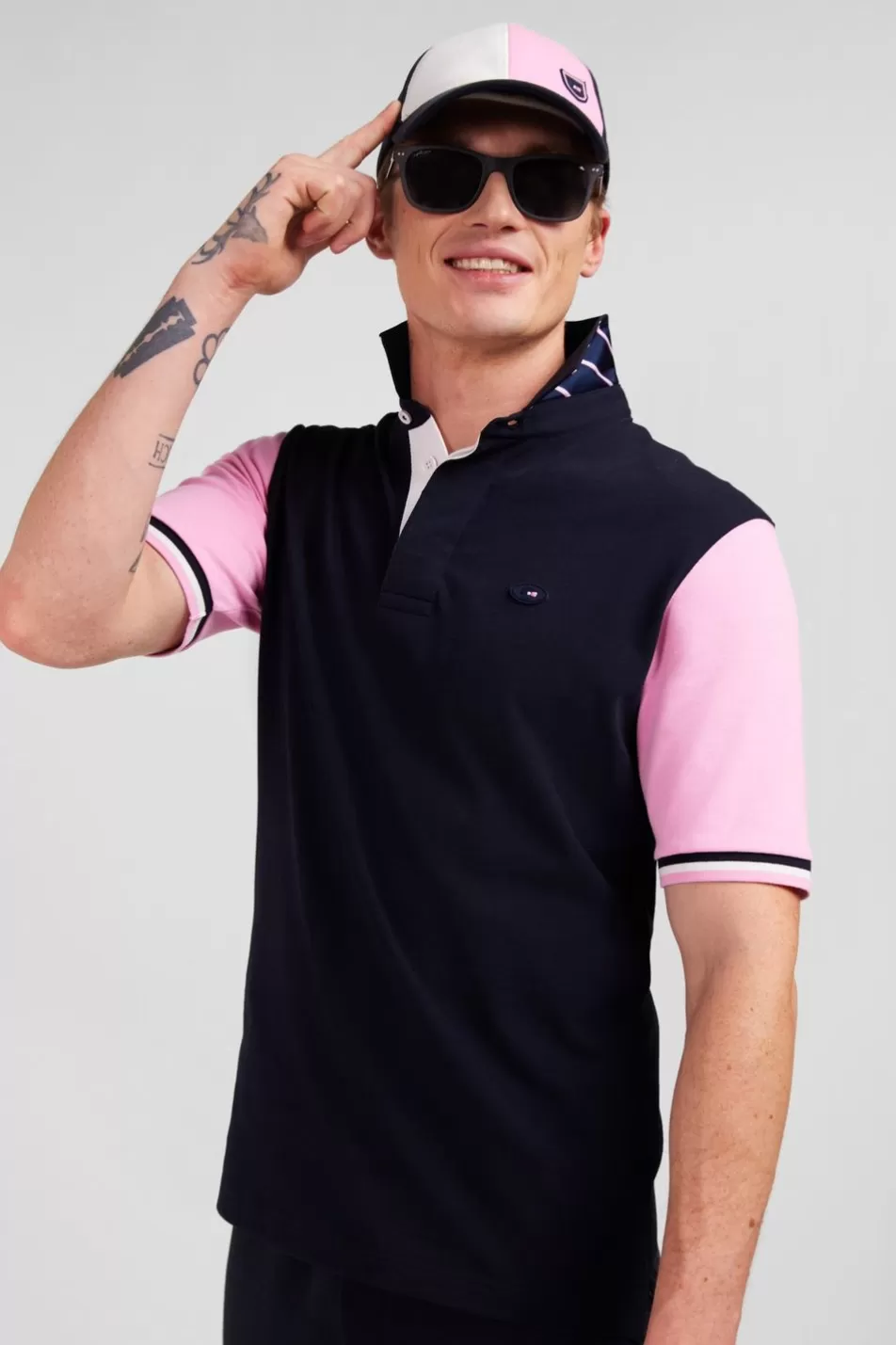 Rugby Shirts | Eden Park Pink Colour-Block Polo Shirt With Rooster Embroidery On The Back