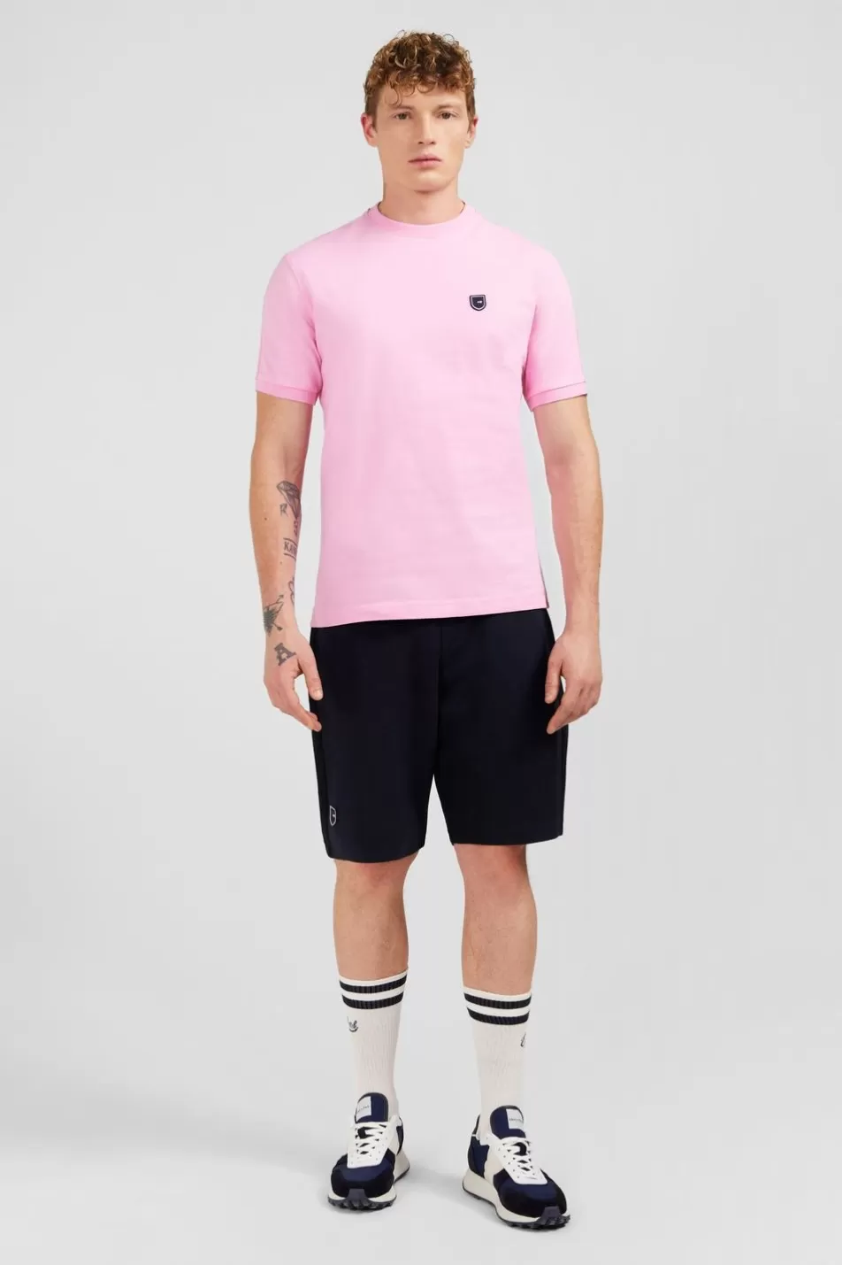 T-Shirts | Eden Park Pink Cotton Short-Sleeved T-Shirt With Tri-Colour Shoulder Trim