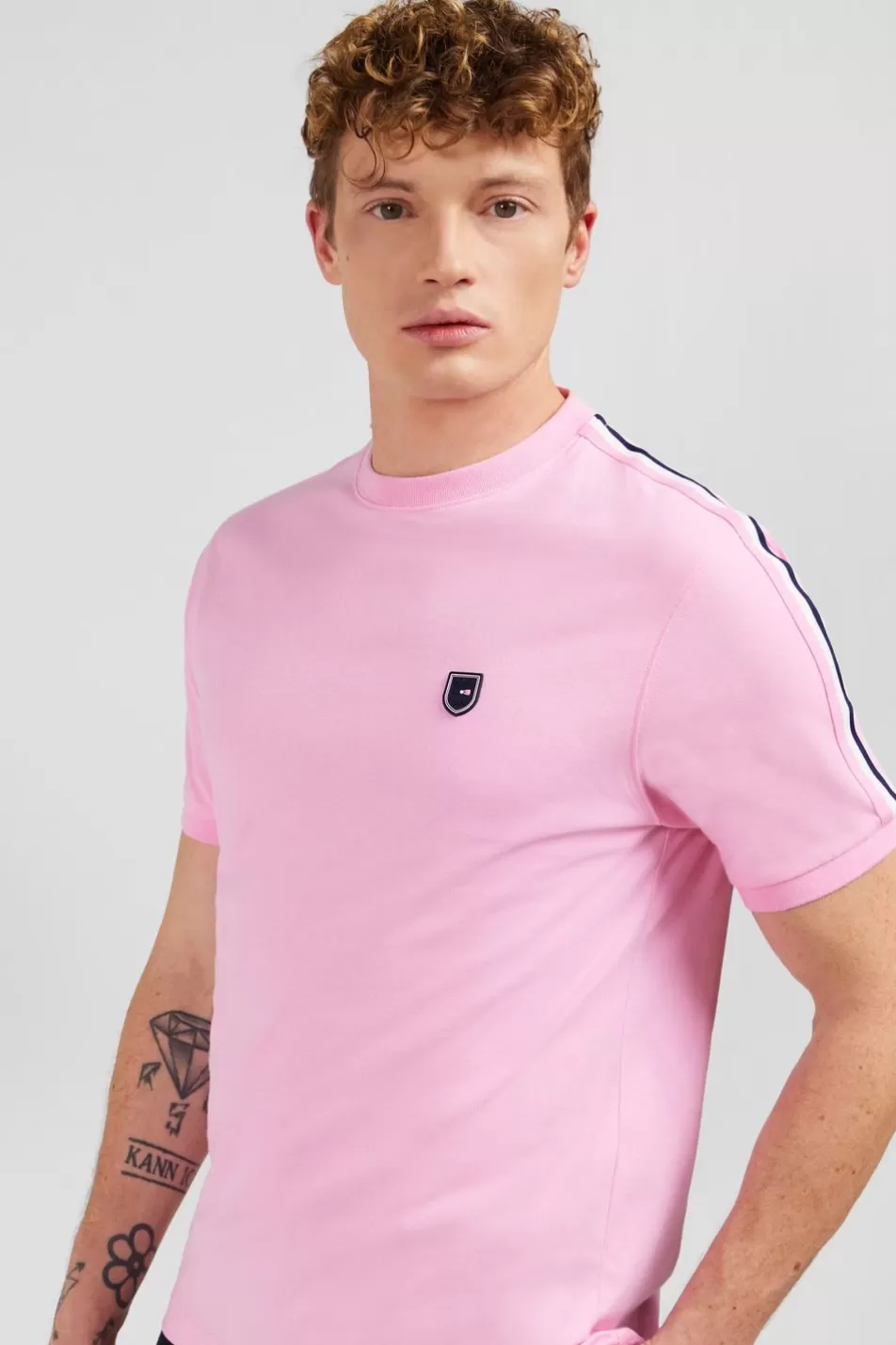 T-Shirts | Eden Park Pink Cotton Short-Sleeved T-Shirt With Tri-Colour Shoulder Trim