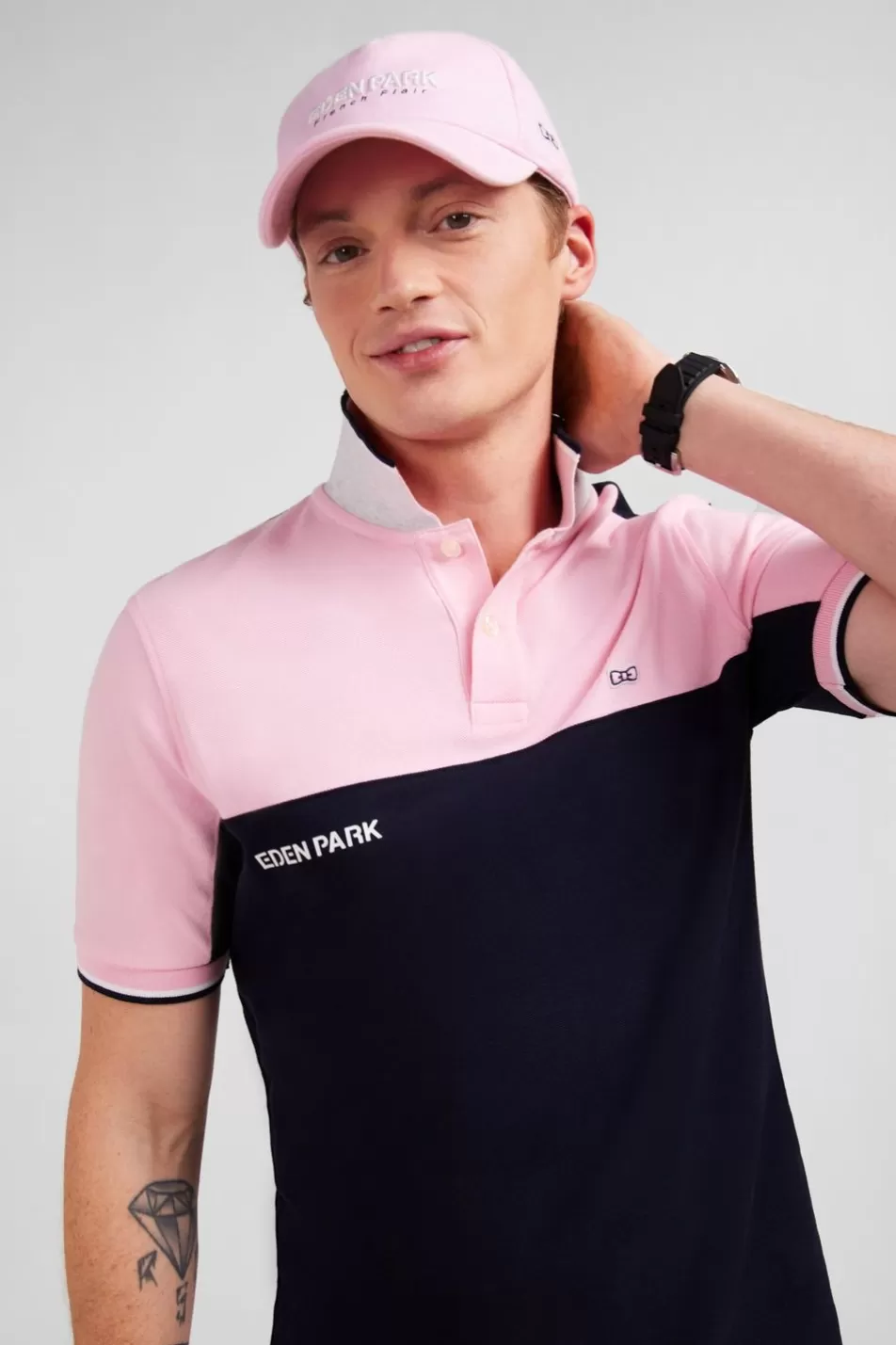 Polos | Eden Park Pink Short-Sleeved Colour-Block Polo Shirt