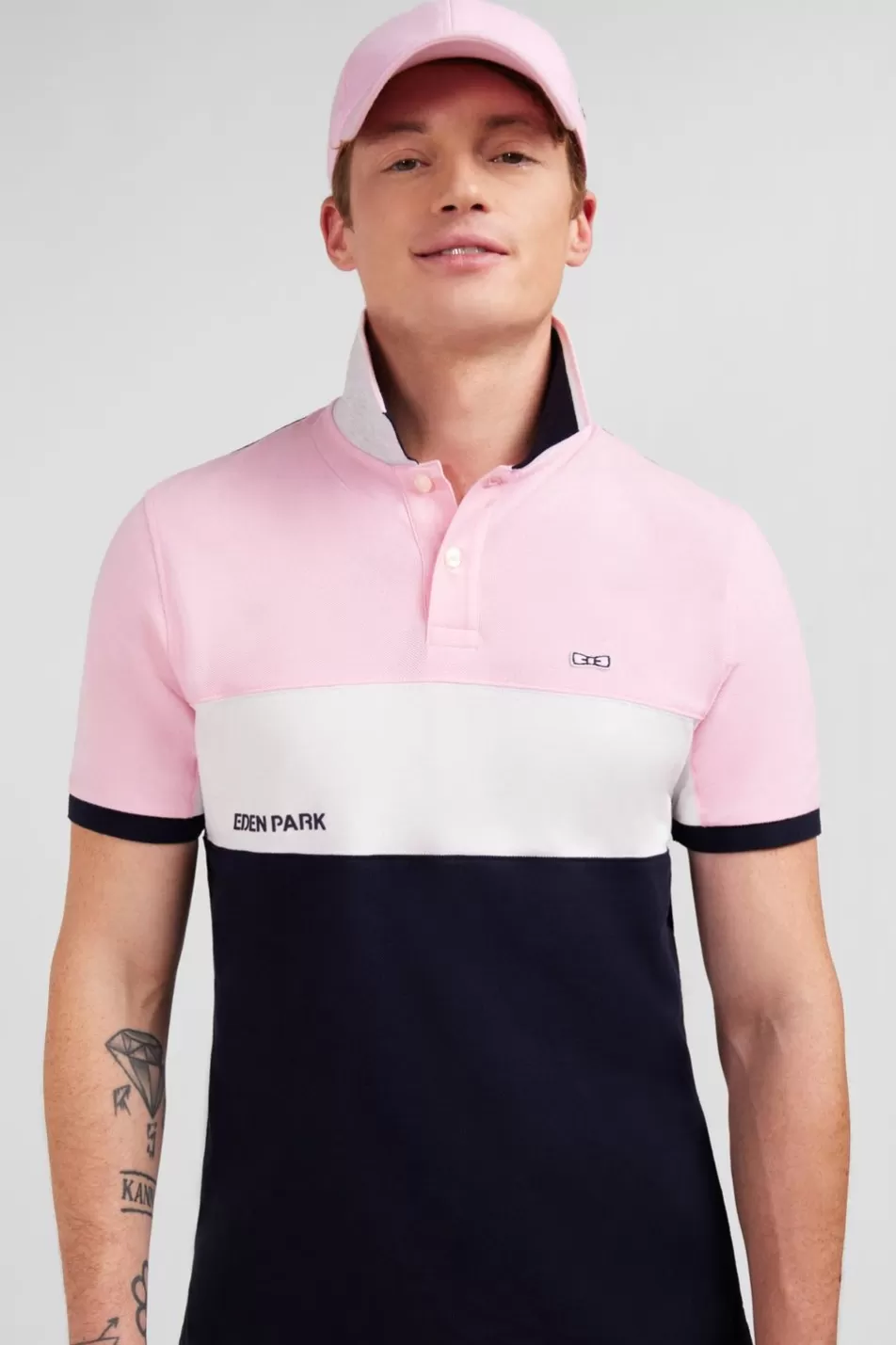 Polos | Eden Park Pink Short-Sleeved Colour-Block Polo Shirt