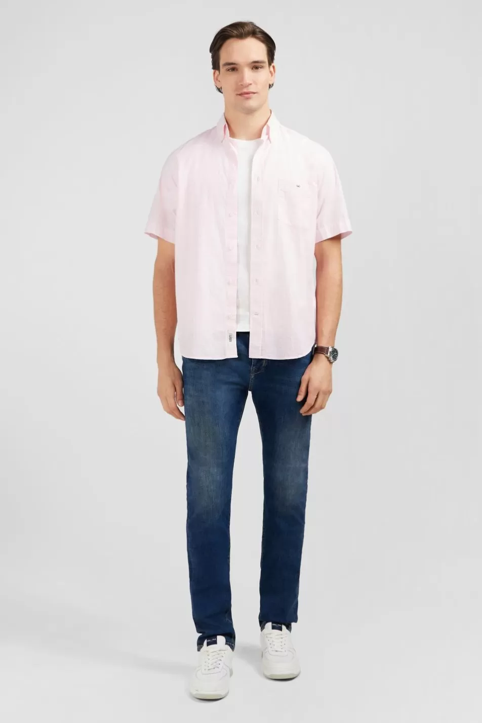 Short-Sleeved Shirts | Eden Park Pink Striped Shirt In Cotton Dobby