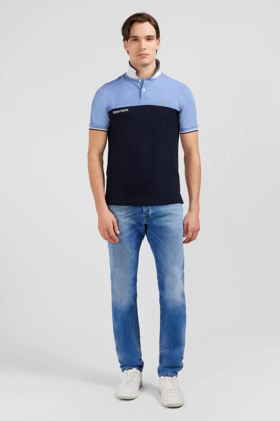 Polos | Eden Park Short-Sleeved Blue Colour-Block Polo Shirt