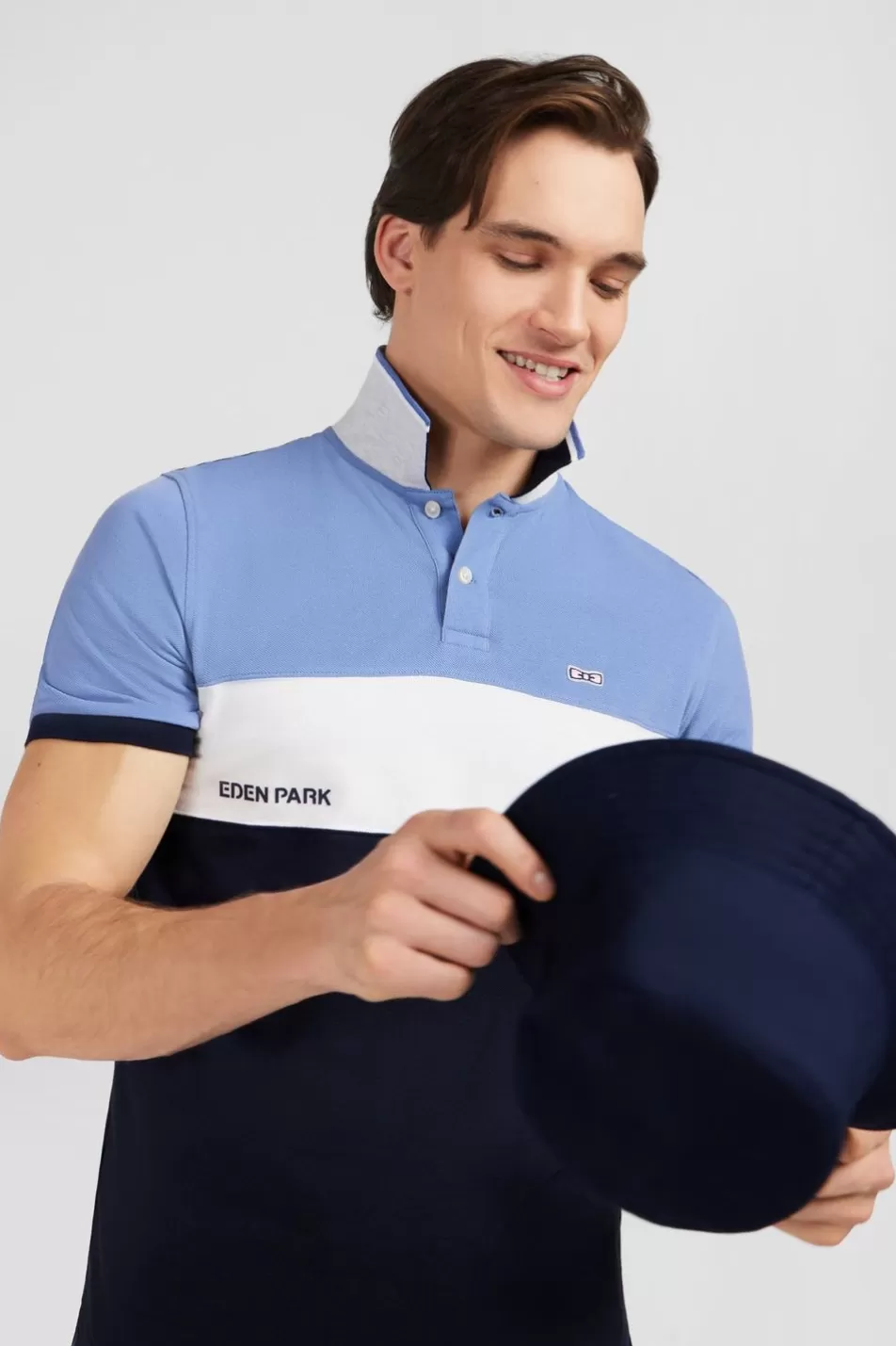 Polos | Eden Park Short-Sleeved Blue Colour-Block Polo Shirt