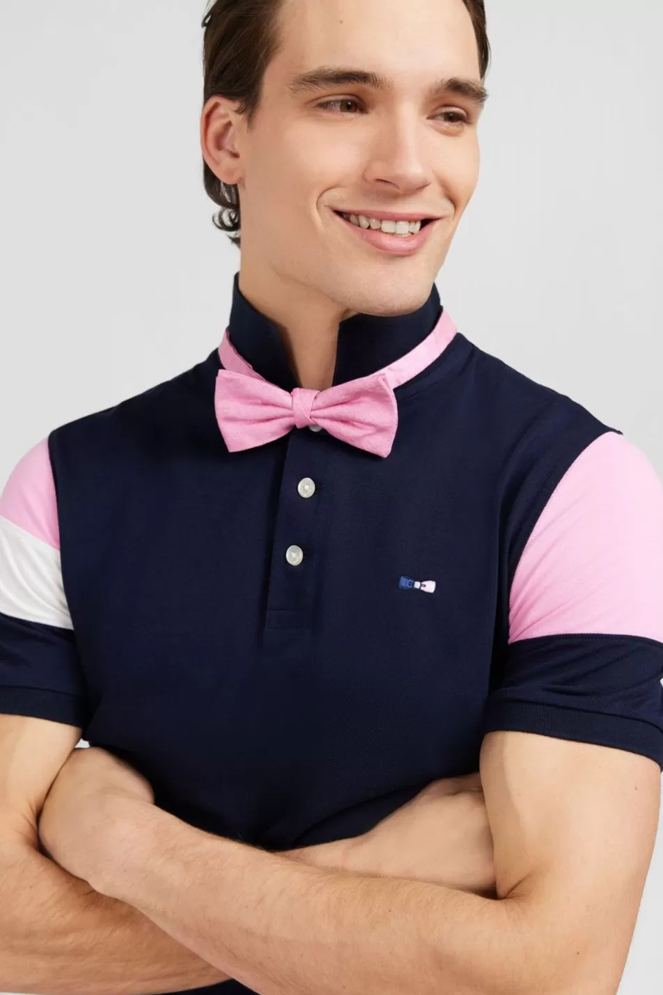 Polos | Eden Park Short-Sleeved Tricolour Navy Polo Shirt In Pique Cotton With Bow Details
