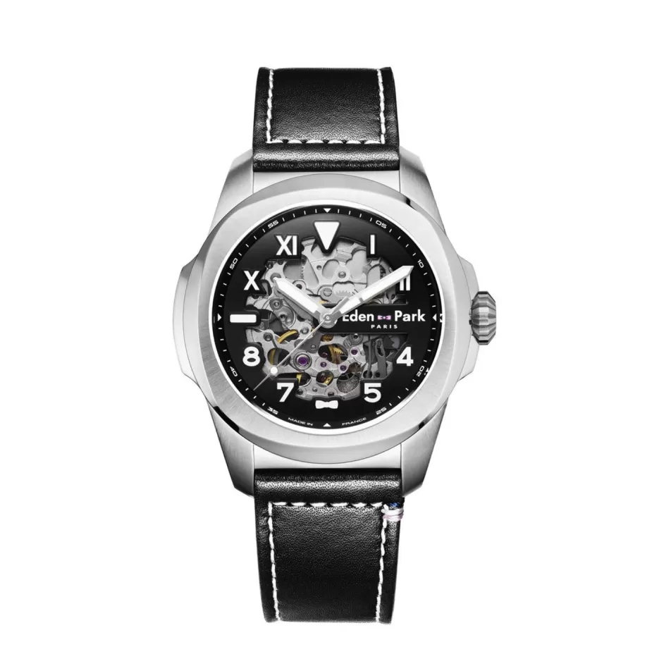 Watch | Eden Park Skeleton Automatic Watch in Black Leather