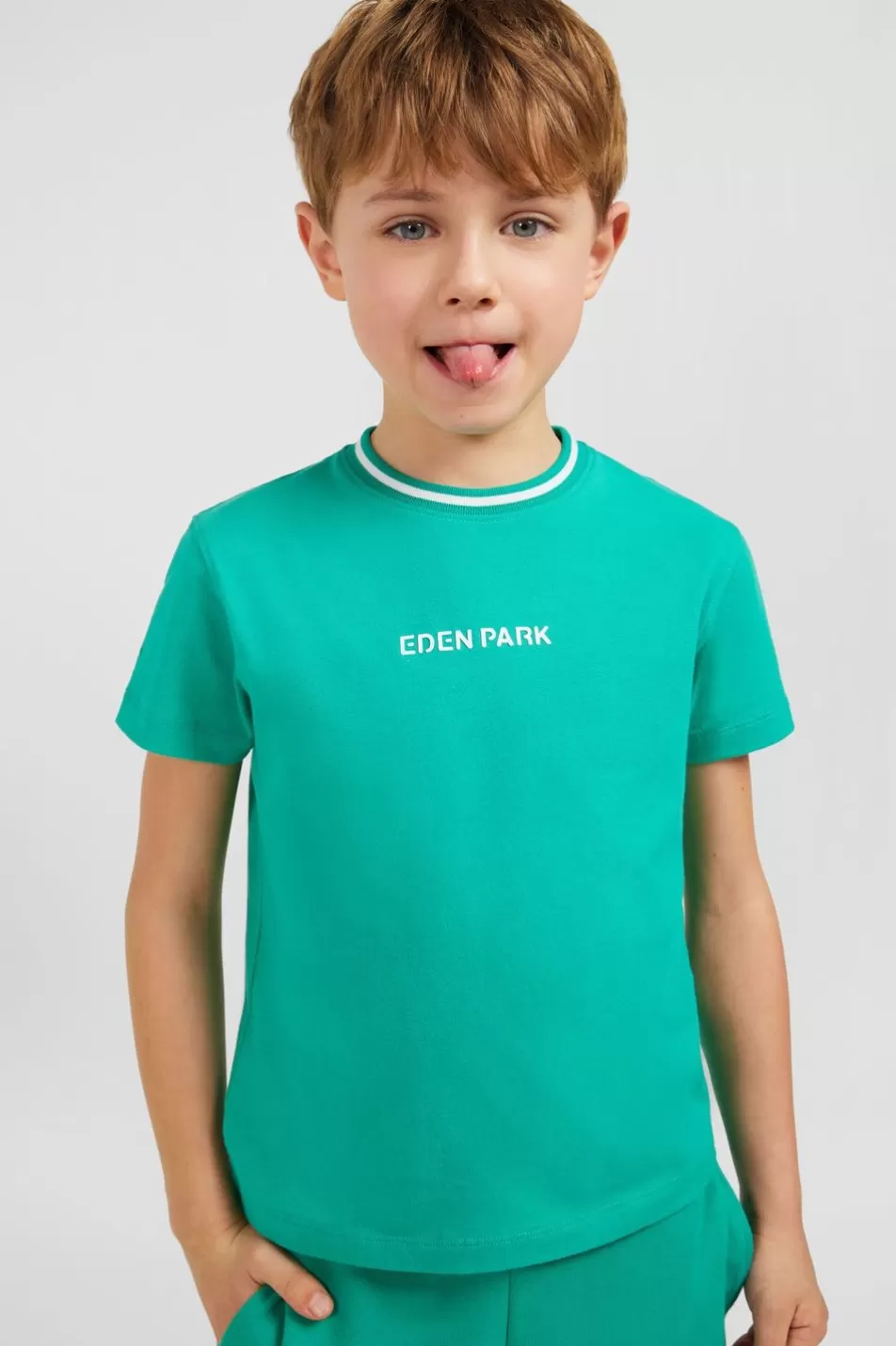 Children | Eden Park Striped Round Neck Green T-Shirt In Stretch Cotton