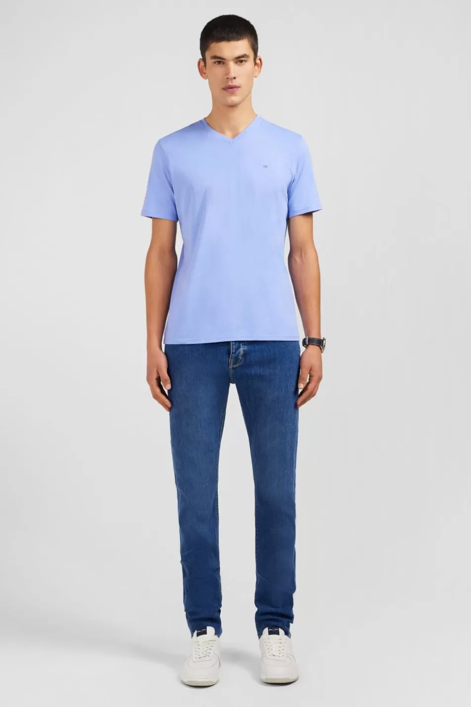 T-Shirts | Eden Park V-Neck Blue Light Pima Cotton T-Shirt