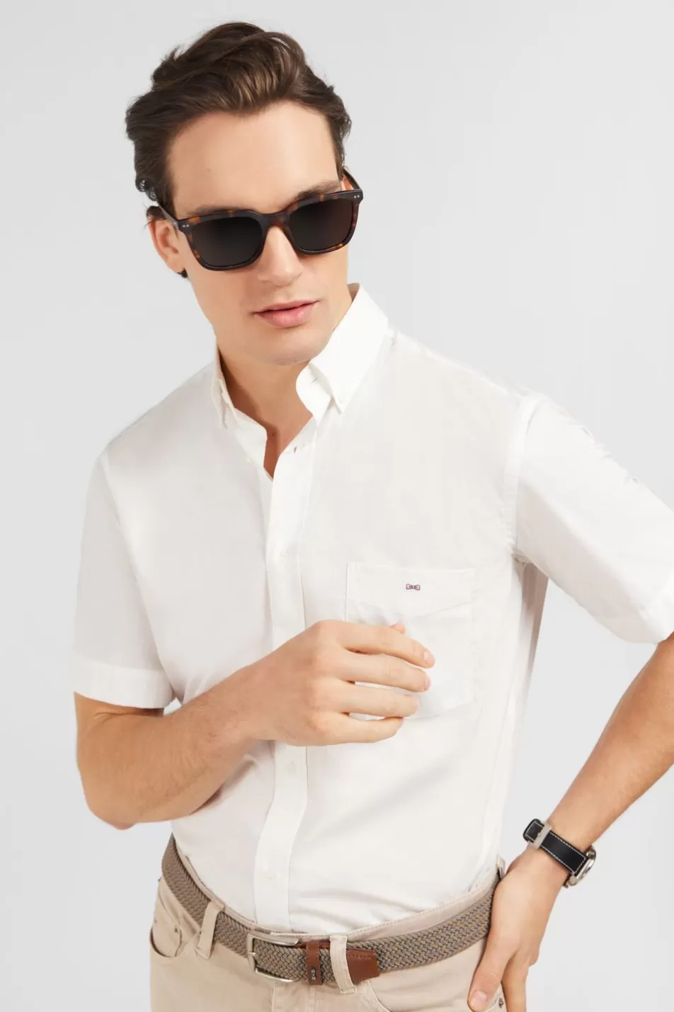 Short-Sleeved Shirts | Eden Park White Shirt In Cotton Dobby